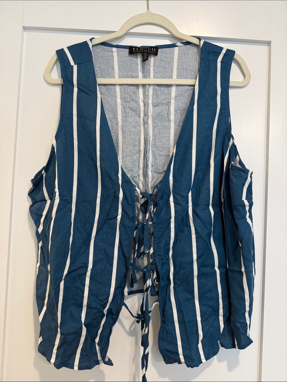 Eloquii Blue and White Vertical Stripe Lace-Up Vest Top